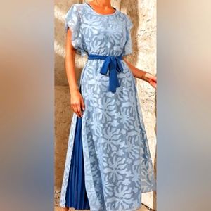 Jacquard Butterfly Sleeve Split Thigh Dress & Pleated Hem Belted Dress